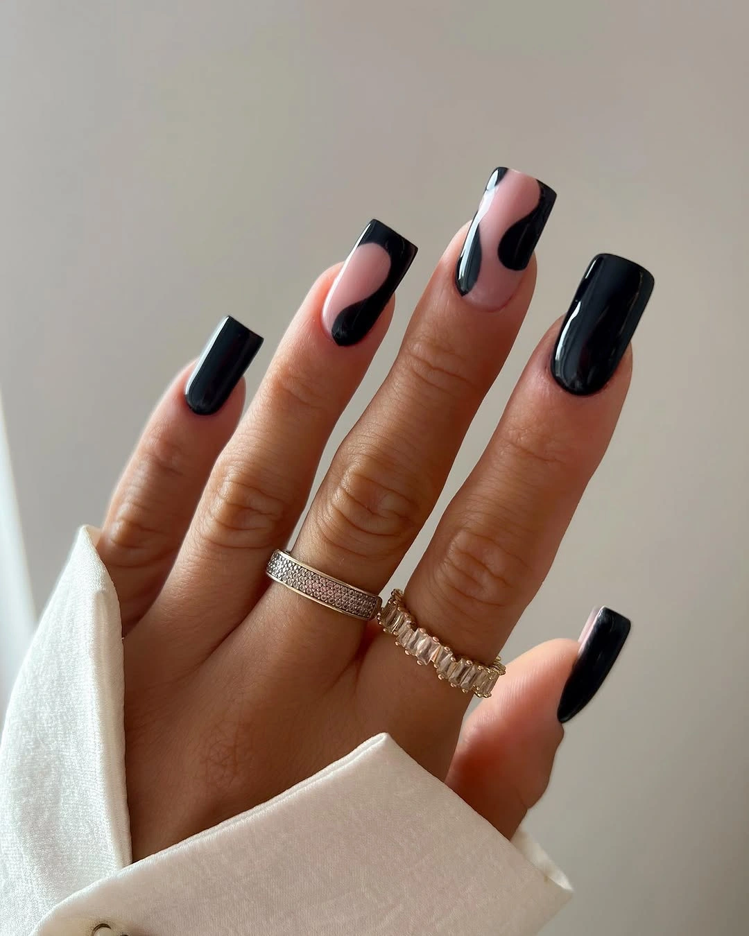 Medium square nails with black and white graphic French tips