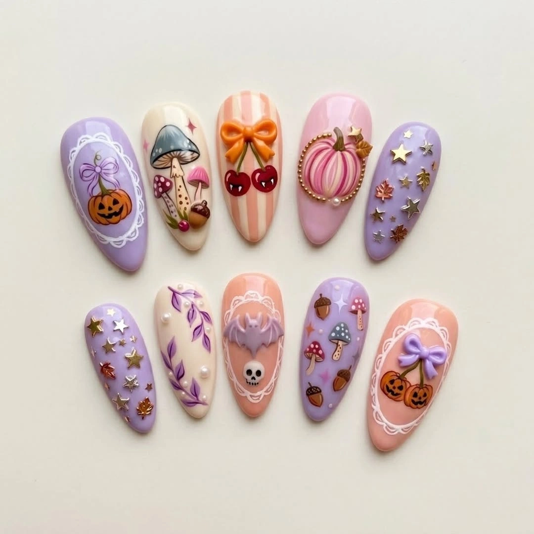 Pastel autumn nail tips with pumpkins leaves bows and stars