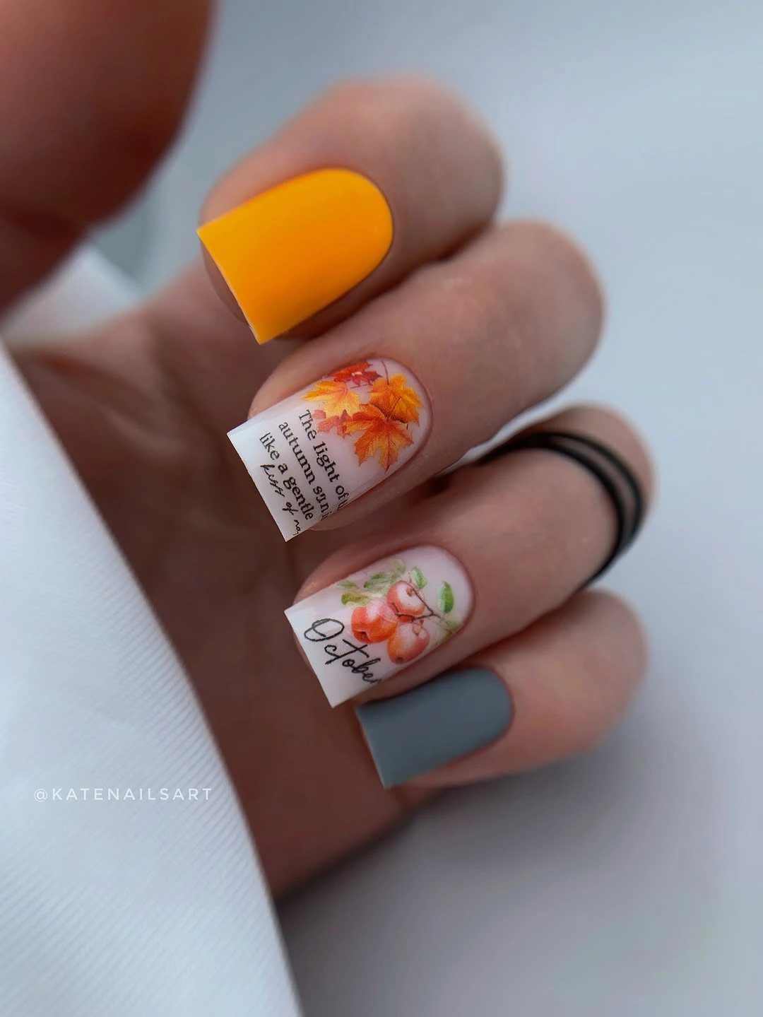 Short square orange gray white nails with autumn illustrations