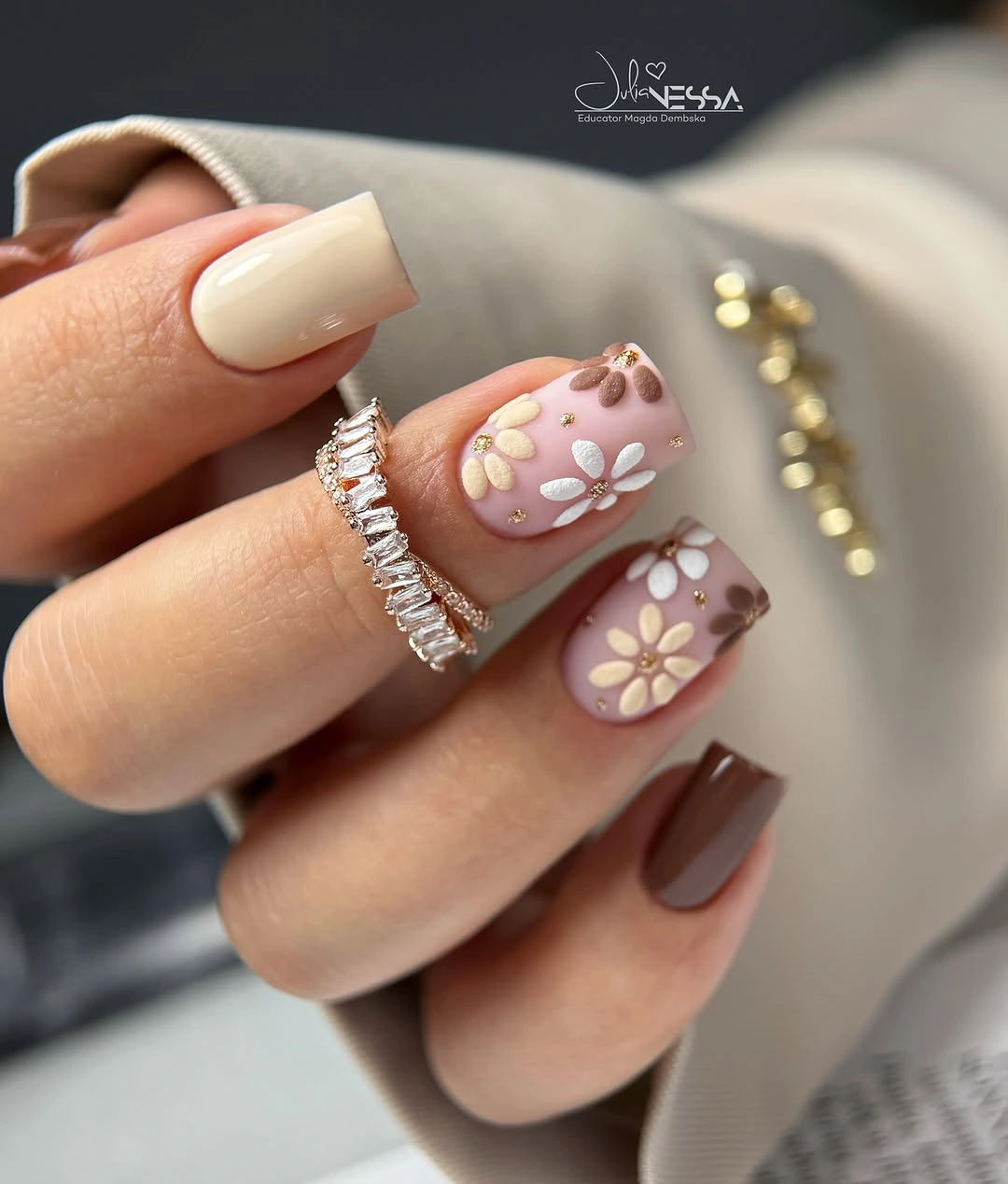 Mocha square nails with cream floral accents