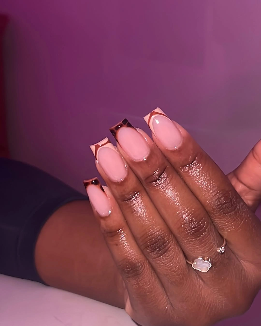 Medium square nails with bright pink and black color blocks
