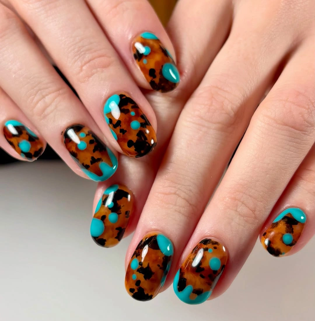Rust square nails with a framed neutral accent nail