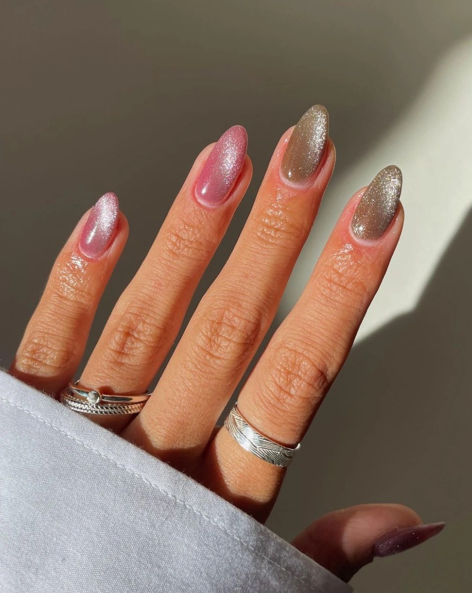 Olive and yellow oval nails with stripes and small accents