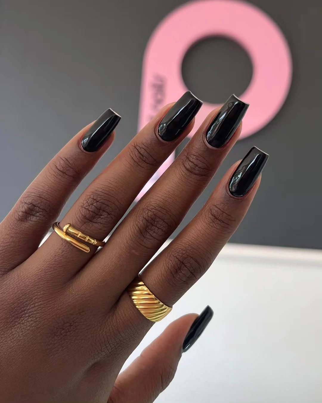 Long glossy black tapered square nails