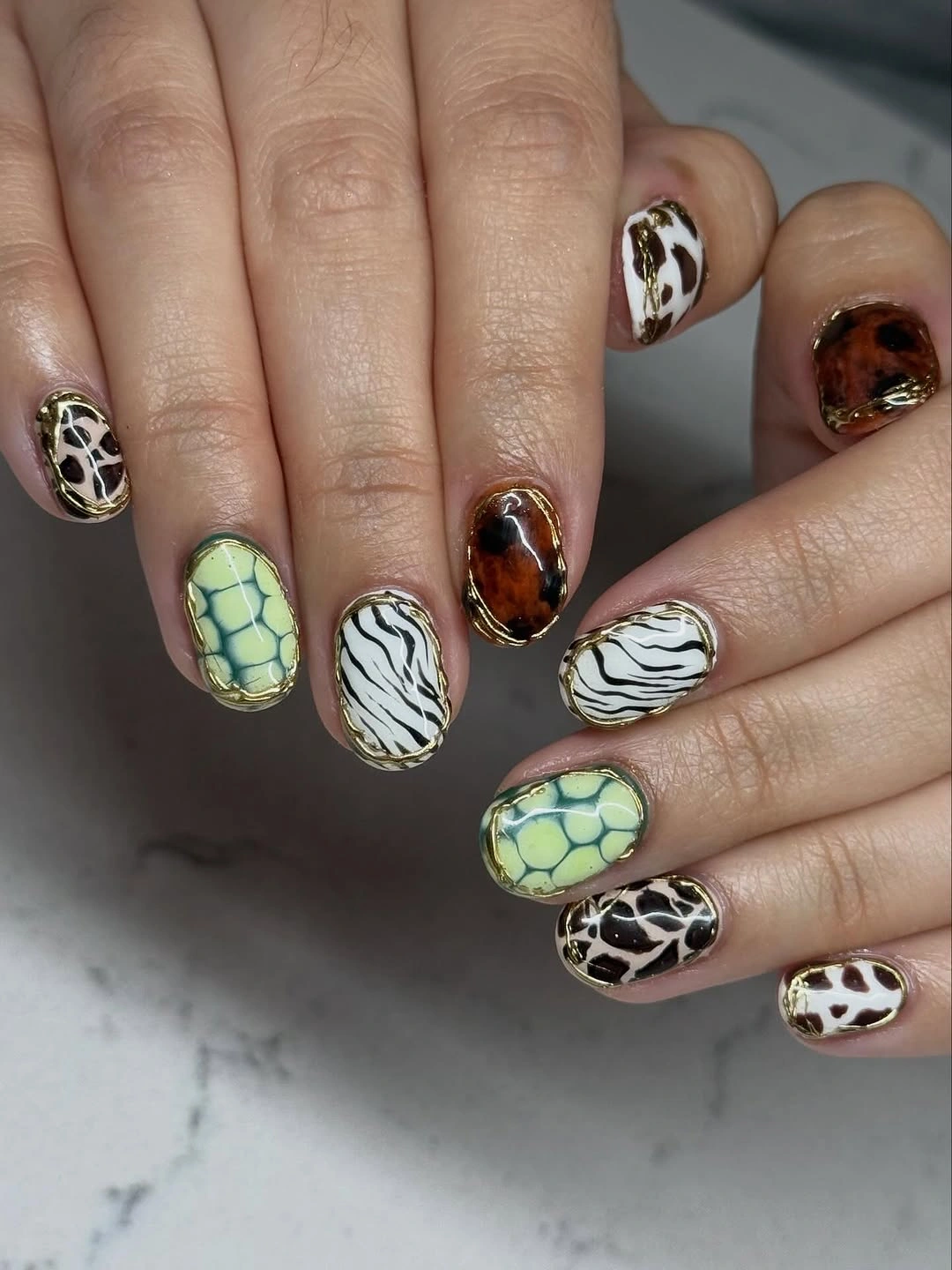 Medium nails combining zebra spotted tortoiseshell and pale green animal-inspired patterns