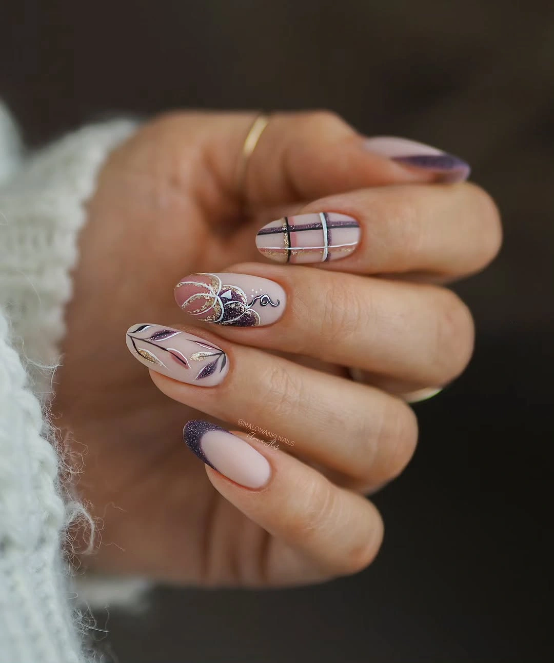 Pale almond nails with purple edges fine plaid and delicate line art