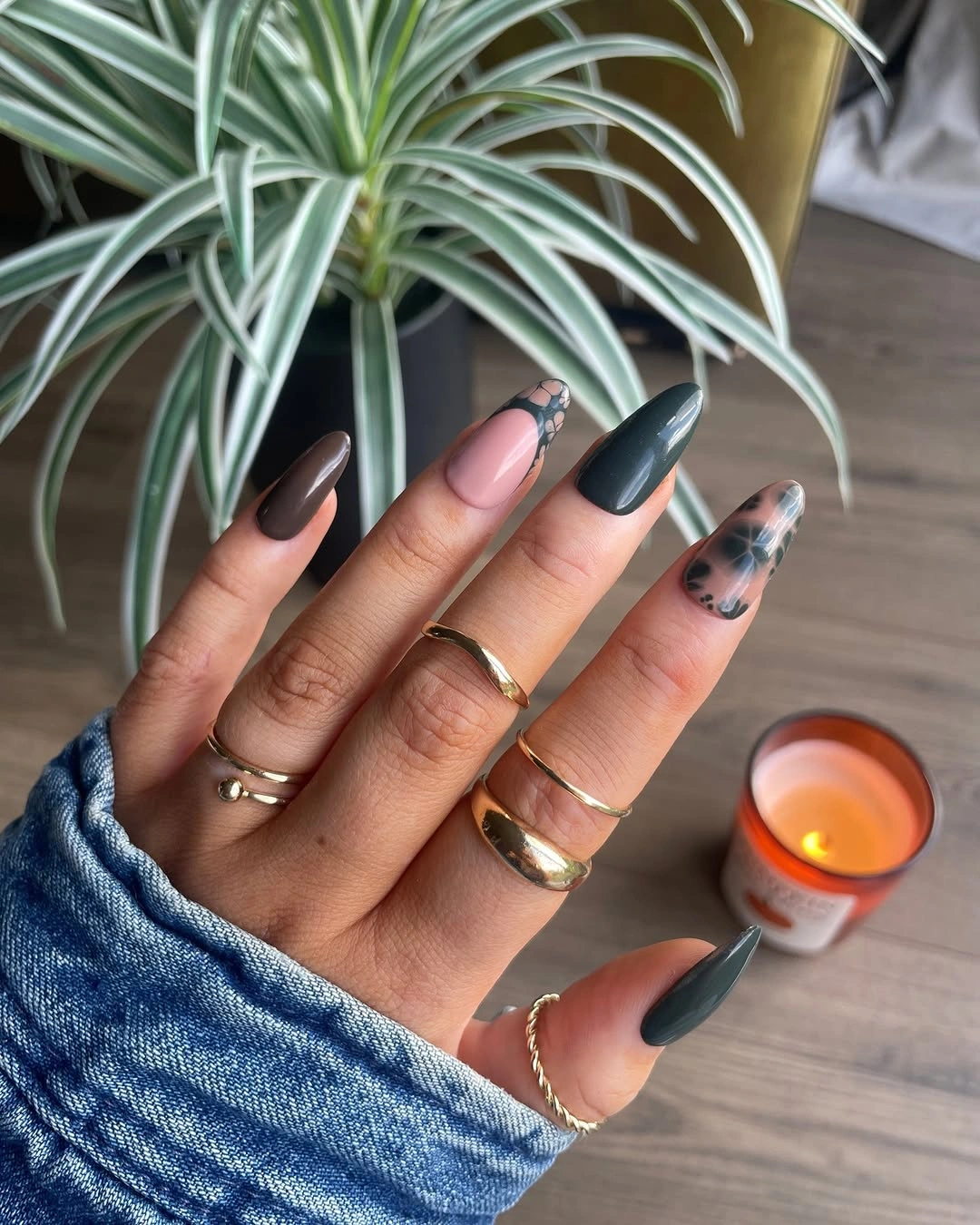 Charcoal and blush almond nails with gray plaid focal accent