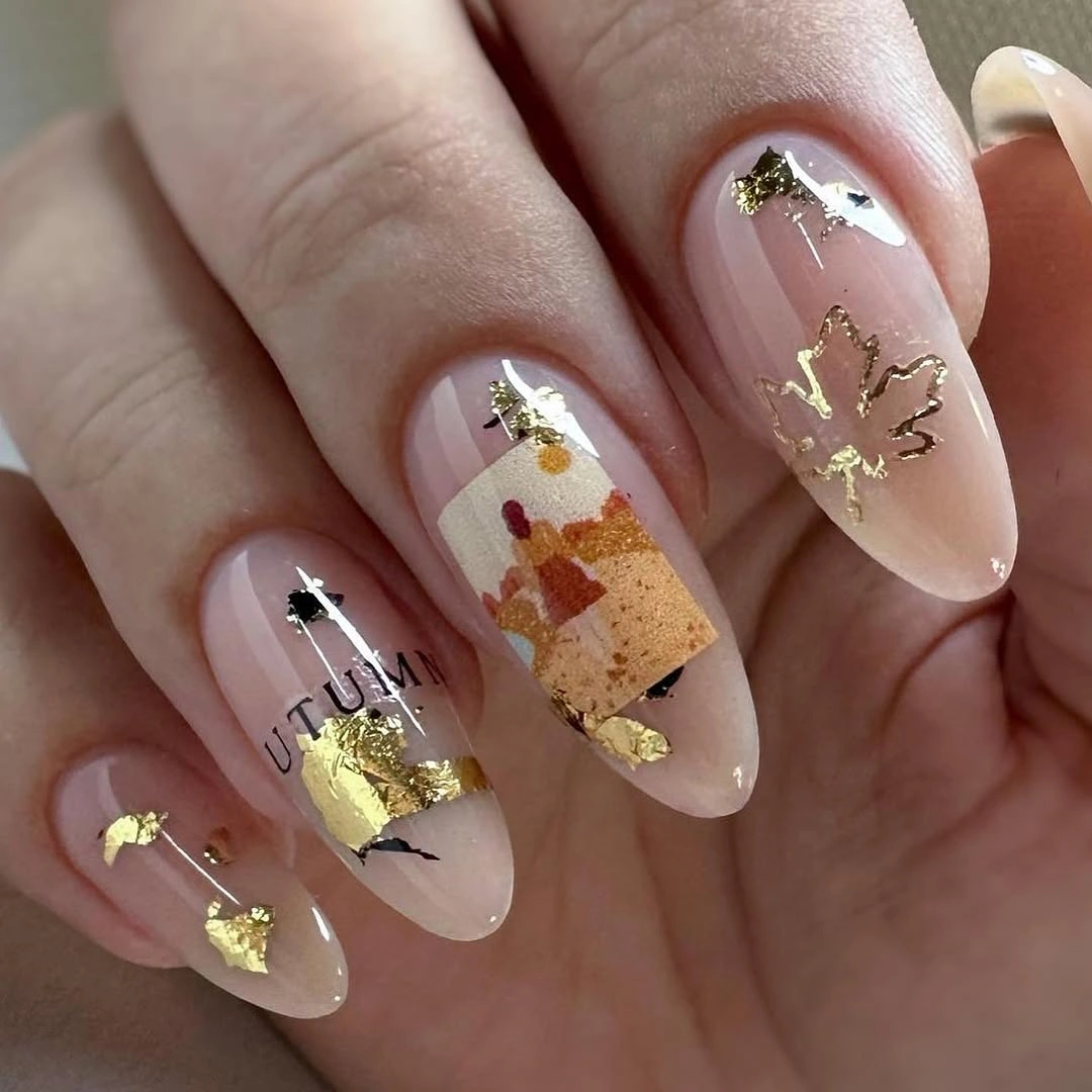Nude nails with cream tan geometric patches black lines and scattered gold foil