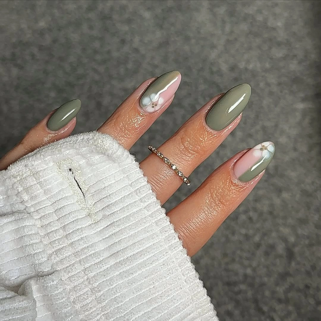 Medium almond sage fall nails with pale panels and small silver details