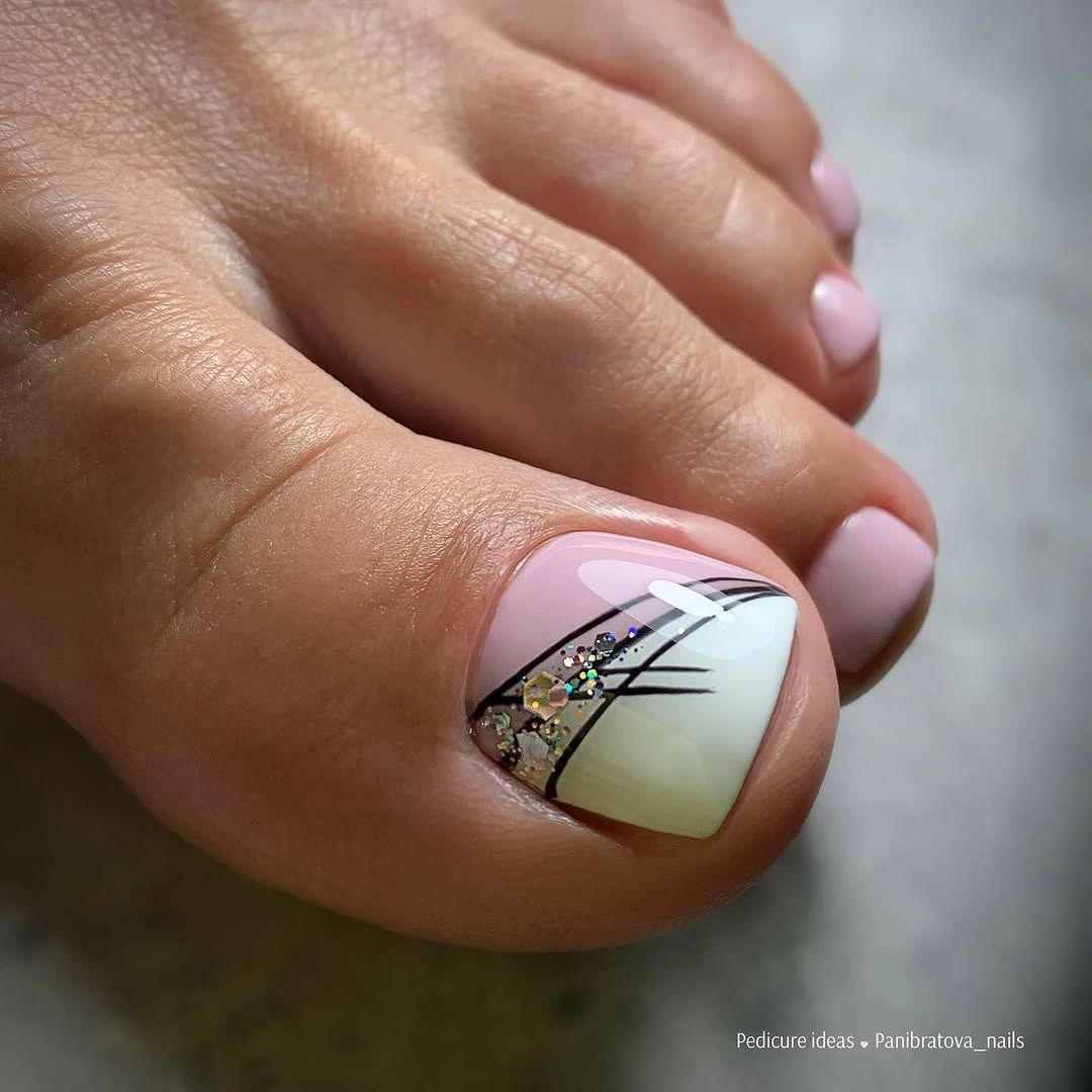 Pastel French tip pedicure with black lines