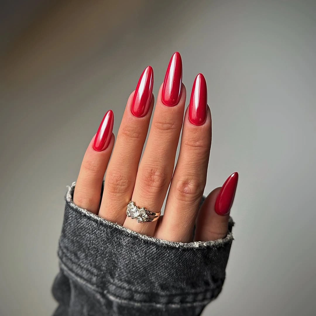 Glossy scarlet almond fall red nails