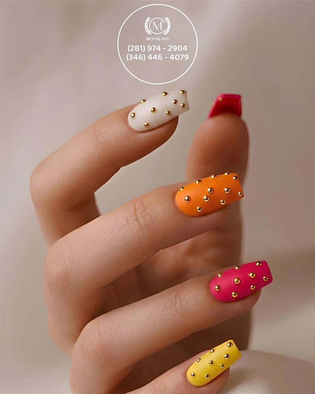 Short square neon orange pink yellow nails with studs