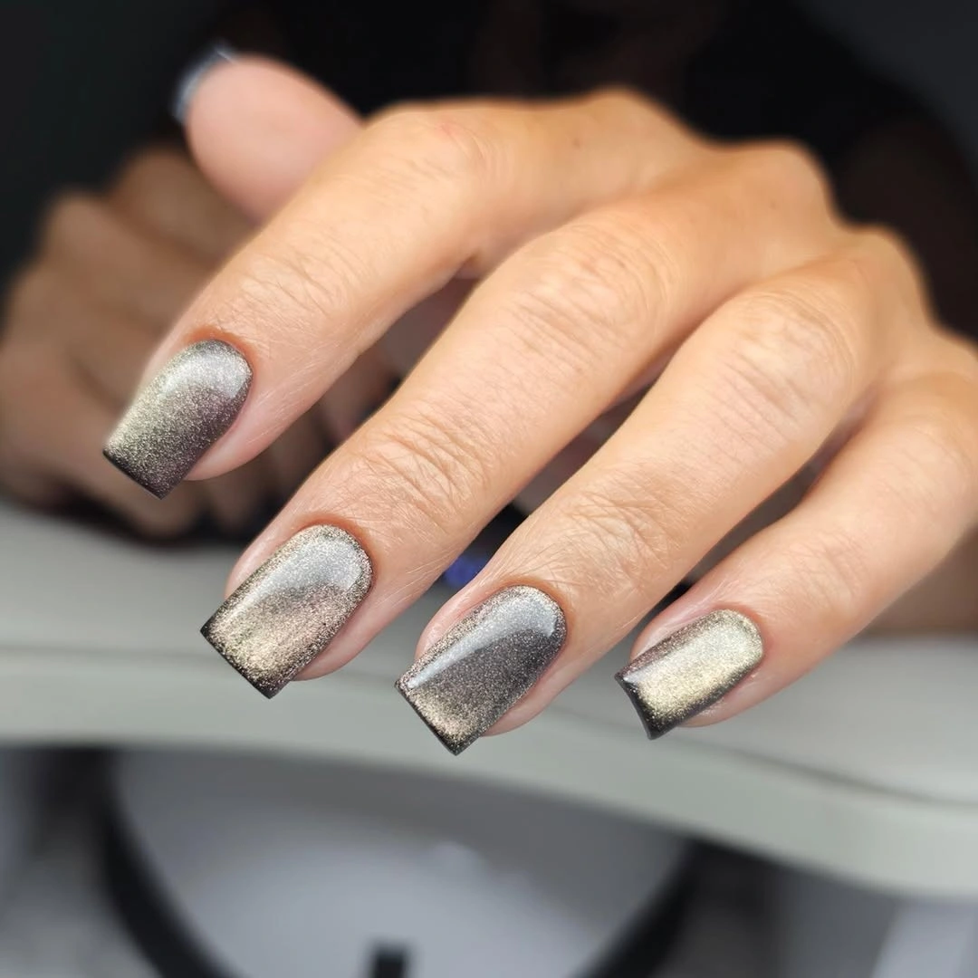 Short square nails with dense silver reflective-looking textured finish