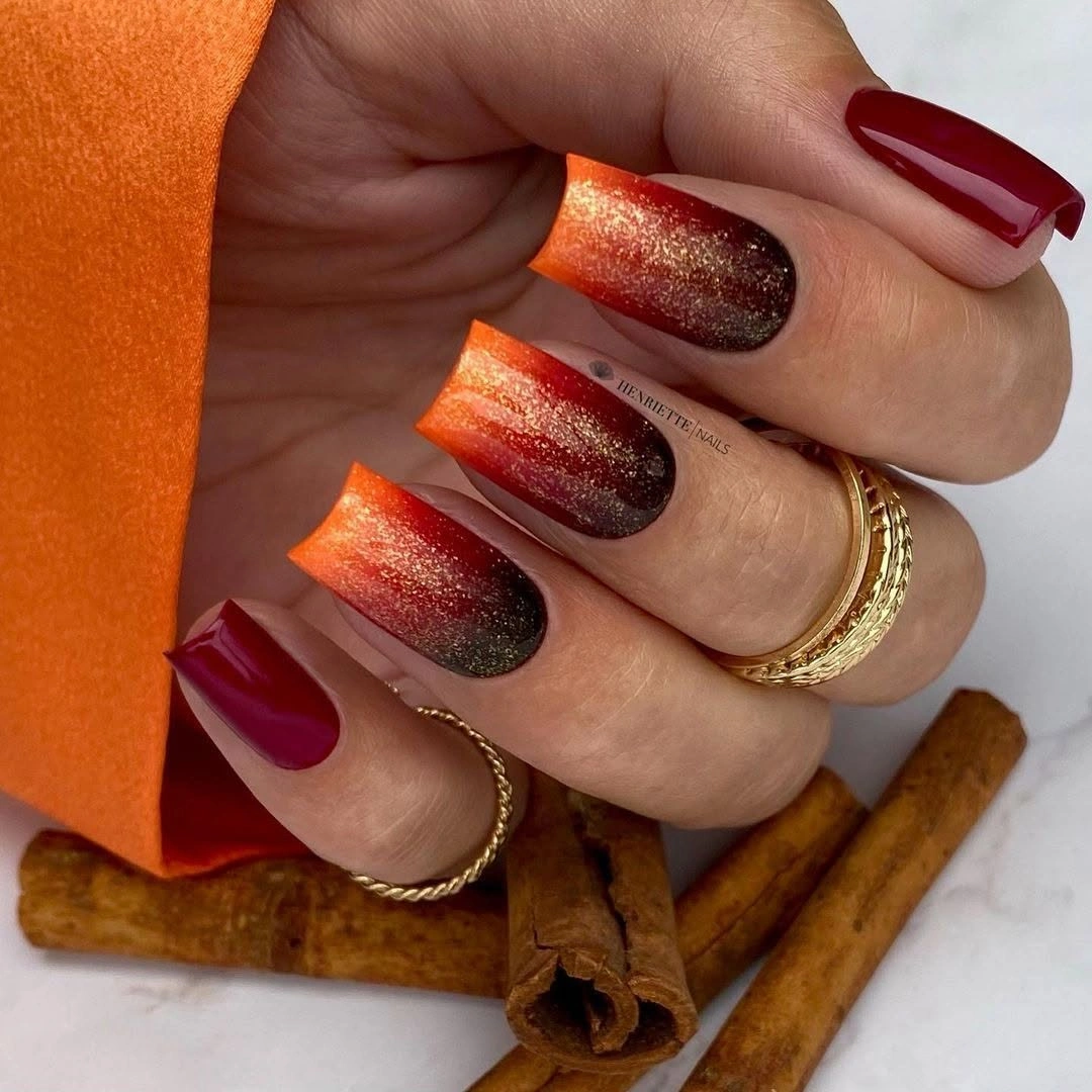Medium square wine nails with brown to copper glitter gradients