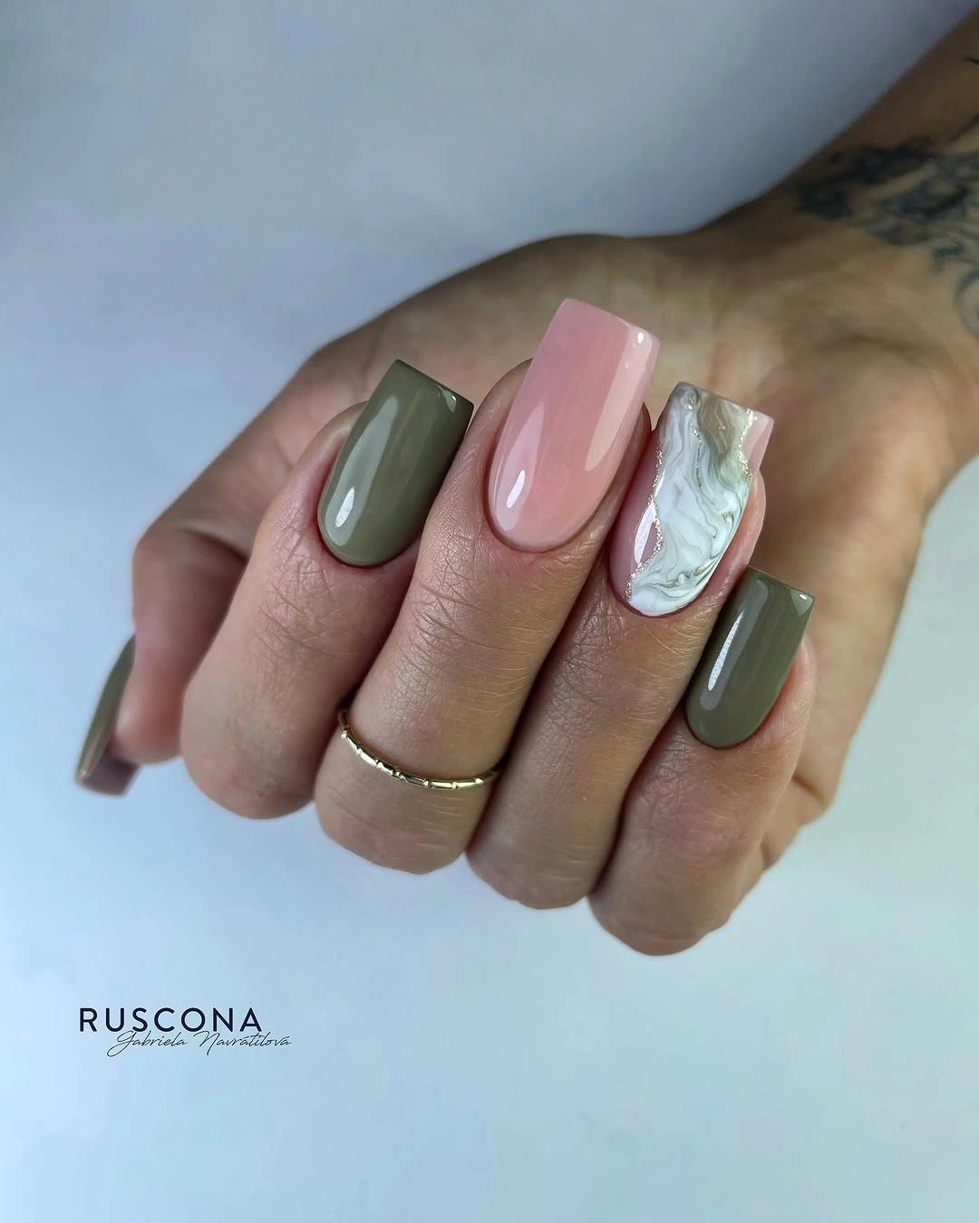 Long square sage green and blush nails with pale floral accent