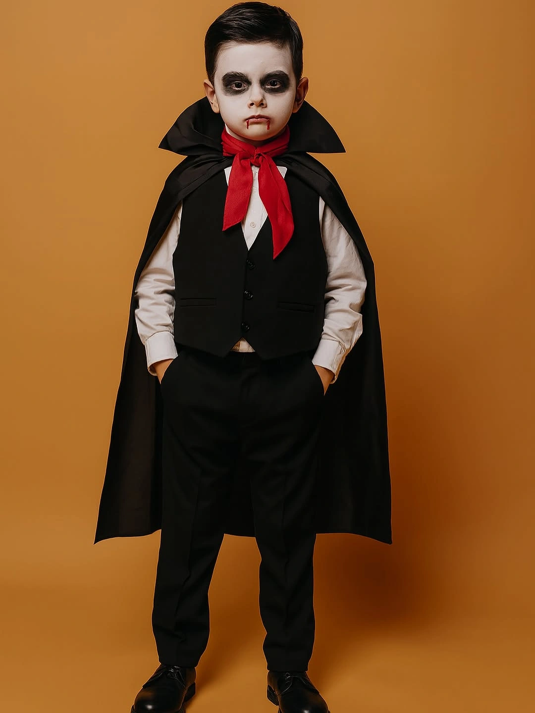 Child Dracula costume with black cape, white shirt, black vest, and red scarf