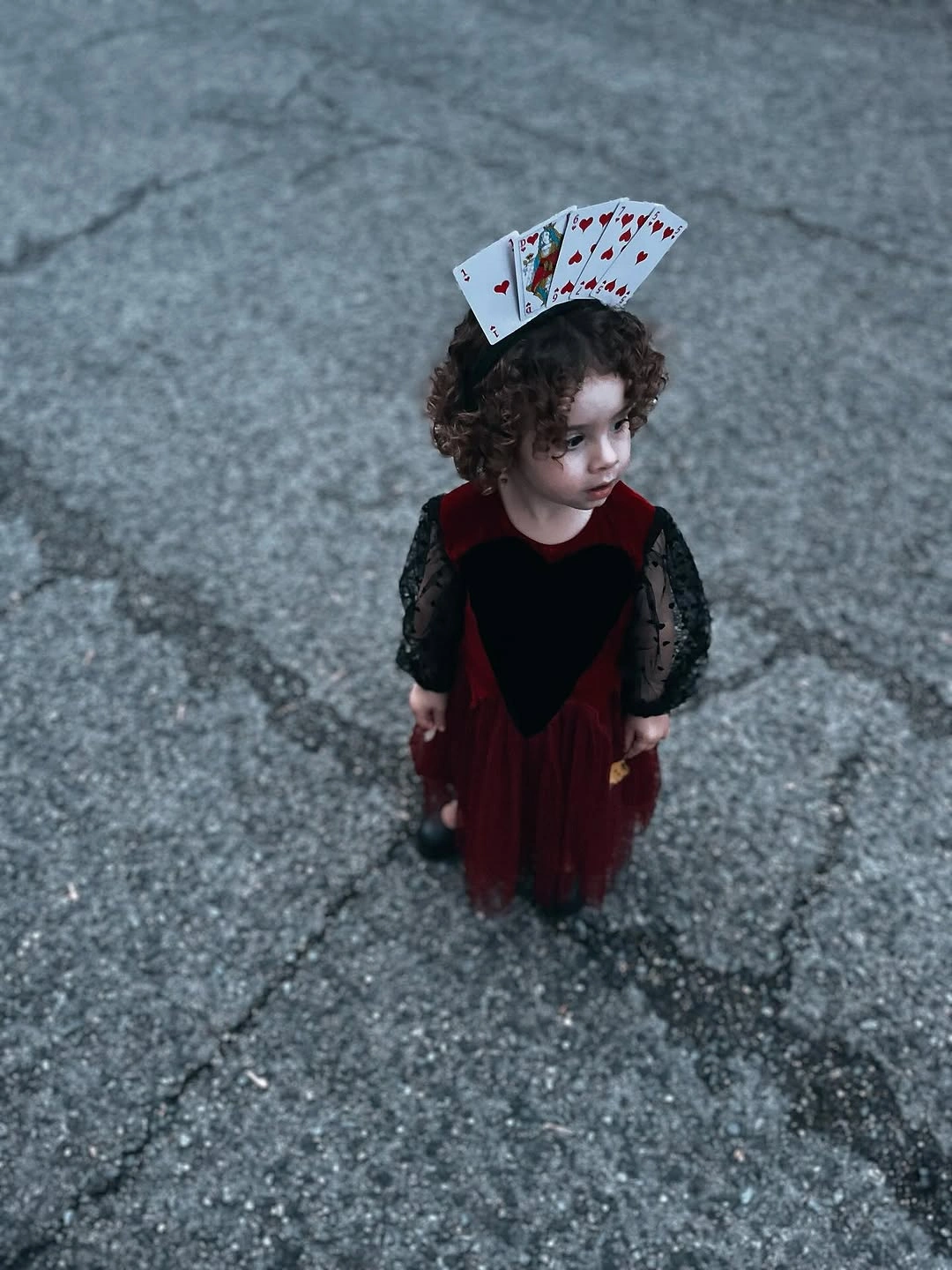 Queen of Hearts child costume with red-and-black dress and playing-card crown