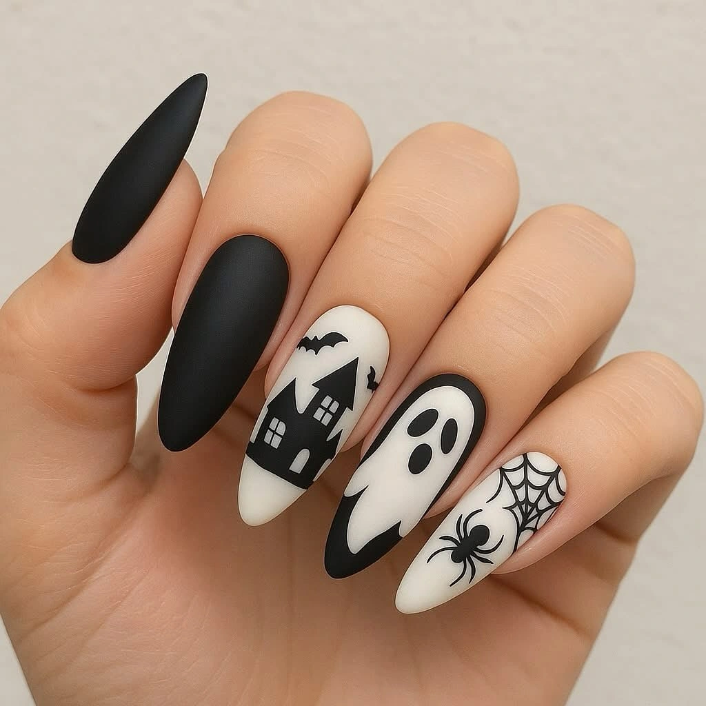 Black and white almond nails with haunted house, ghosts, and web
