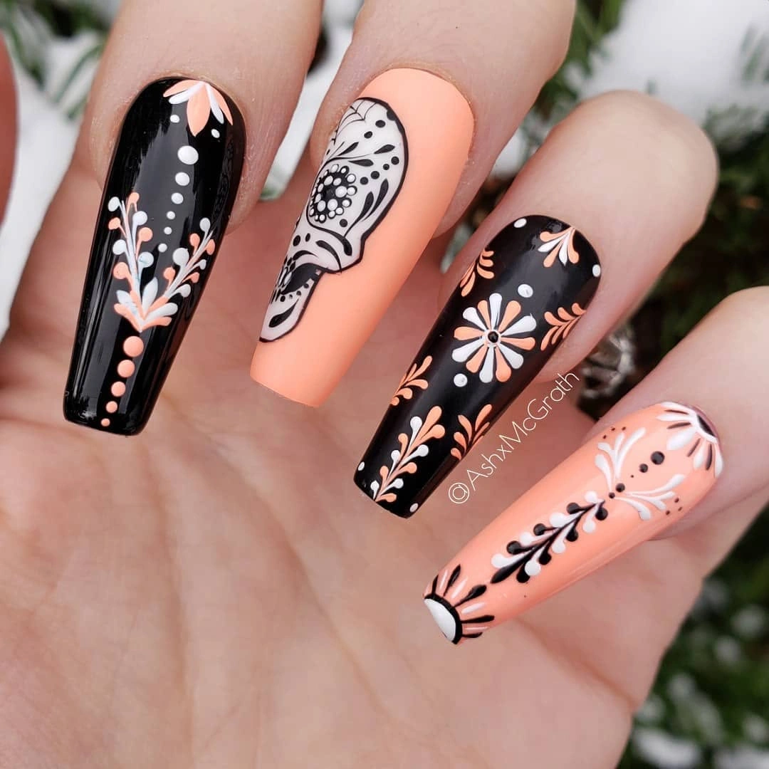 Black and peach coffin nails with ornamental floral line work