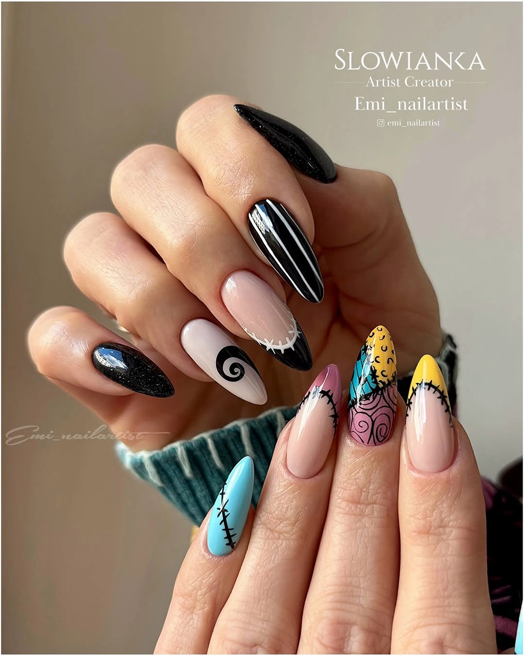 Long almond nails with stitched patchwork and colorful panels