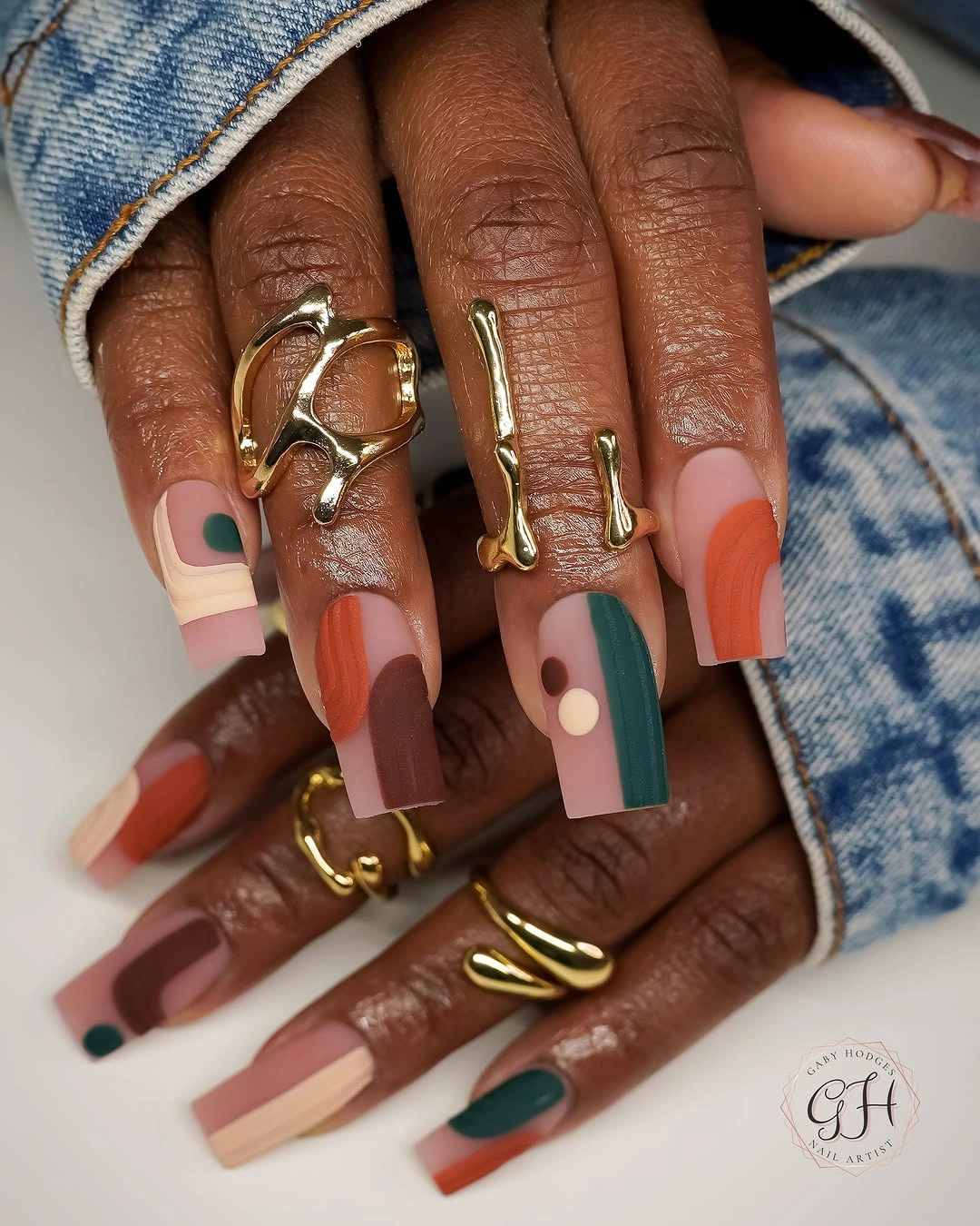long square nails with coral dusty rose green color blocks and dot accents