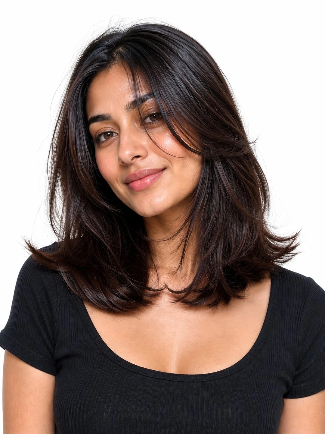 Shoulder-length dark middle-parted hair with loose feathered waves