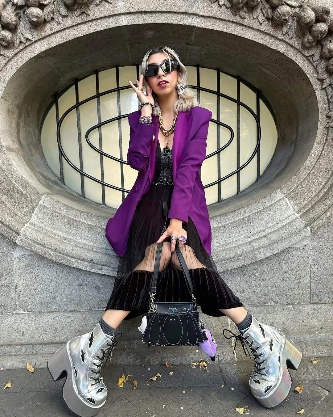 Purple blazer black skirt and silver platform lace-up boots