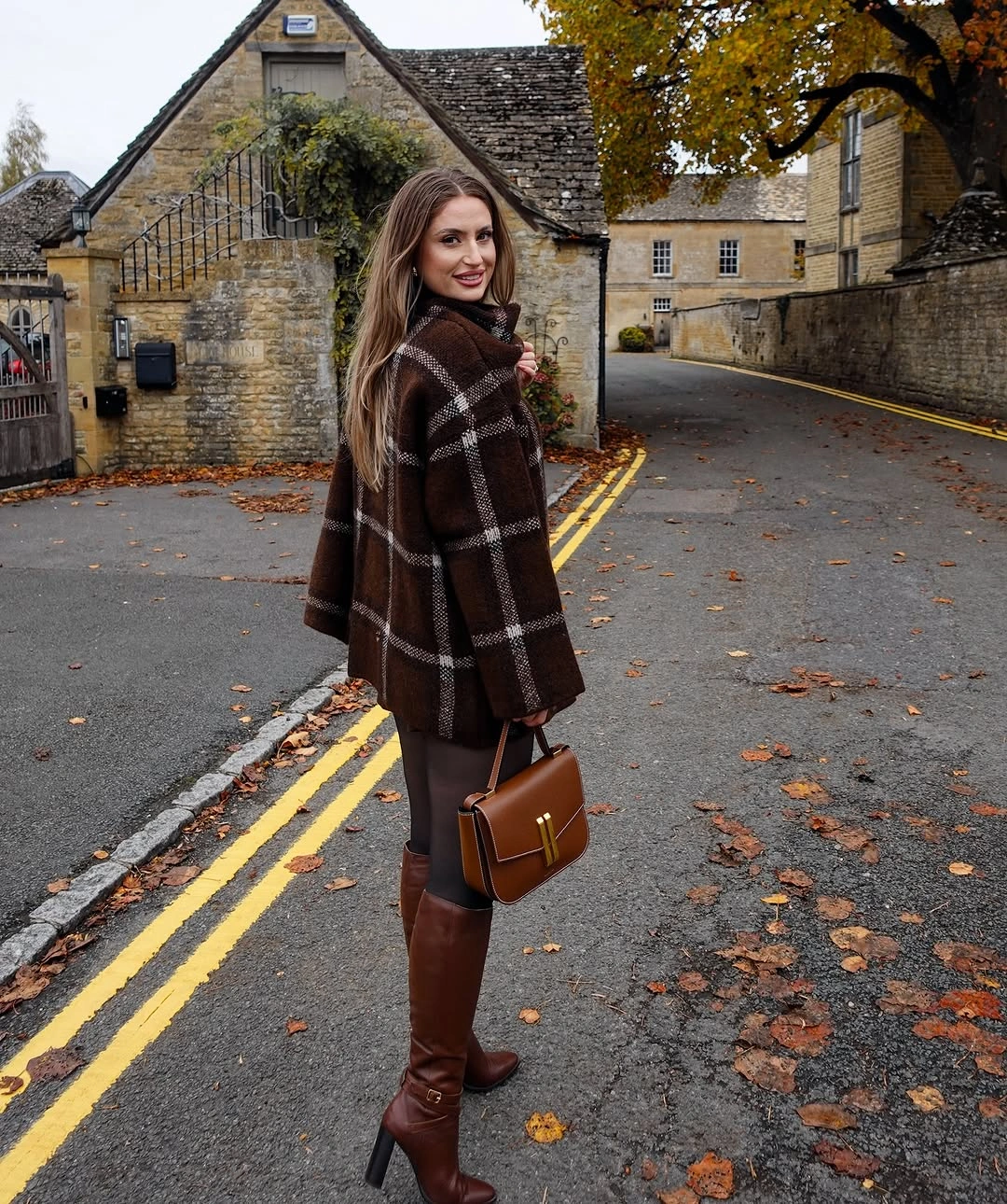Long brown plaid coat with knee boots and large bag