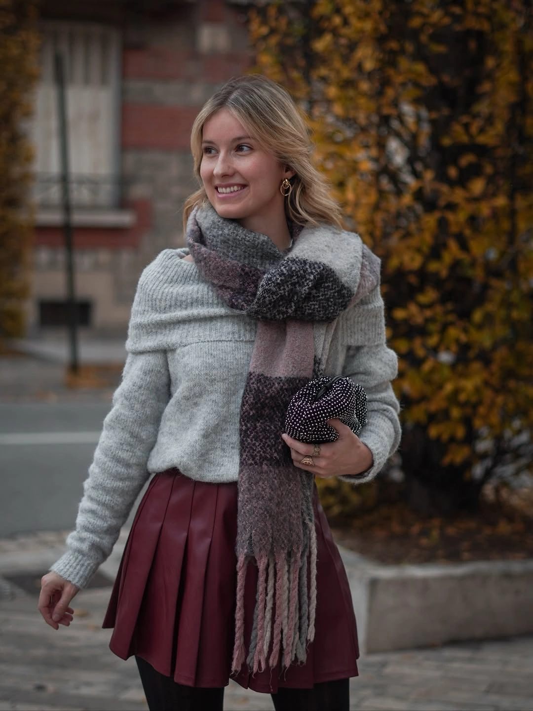 Gray cardigan with burgundy pleated midi skirt and scarf
