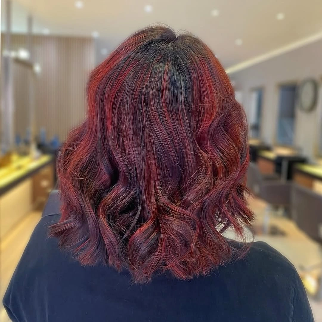 Loose dark waves with red wine and cherry ribbons