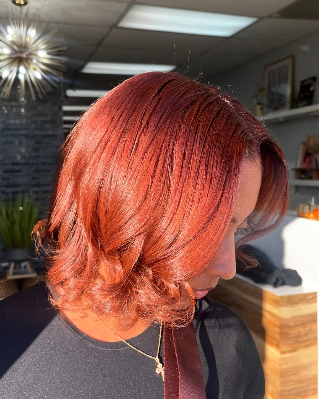 Burnished copper long bob with soft side waves