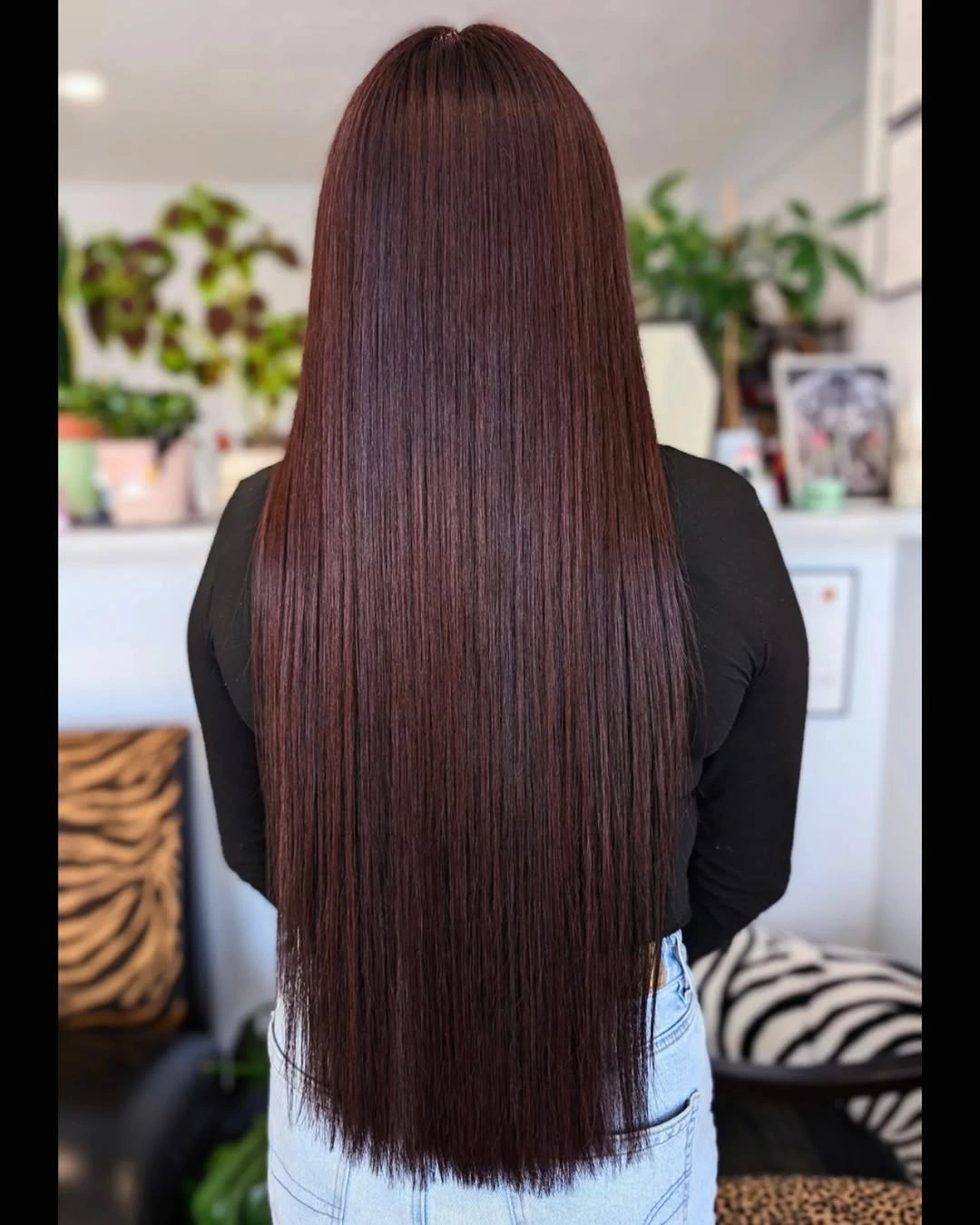 Extra-long straight deep plum brown hair from the back