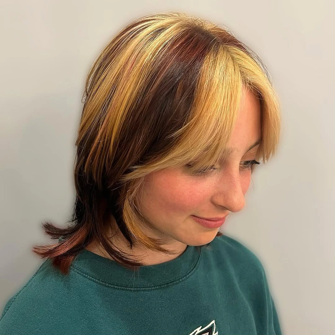 Dark layered bob with bright golden front panels