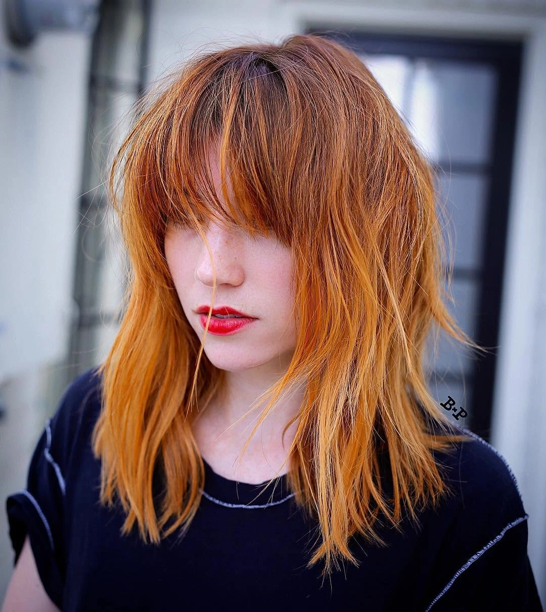 Copper medium shag with airy fringe and textured layers