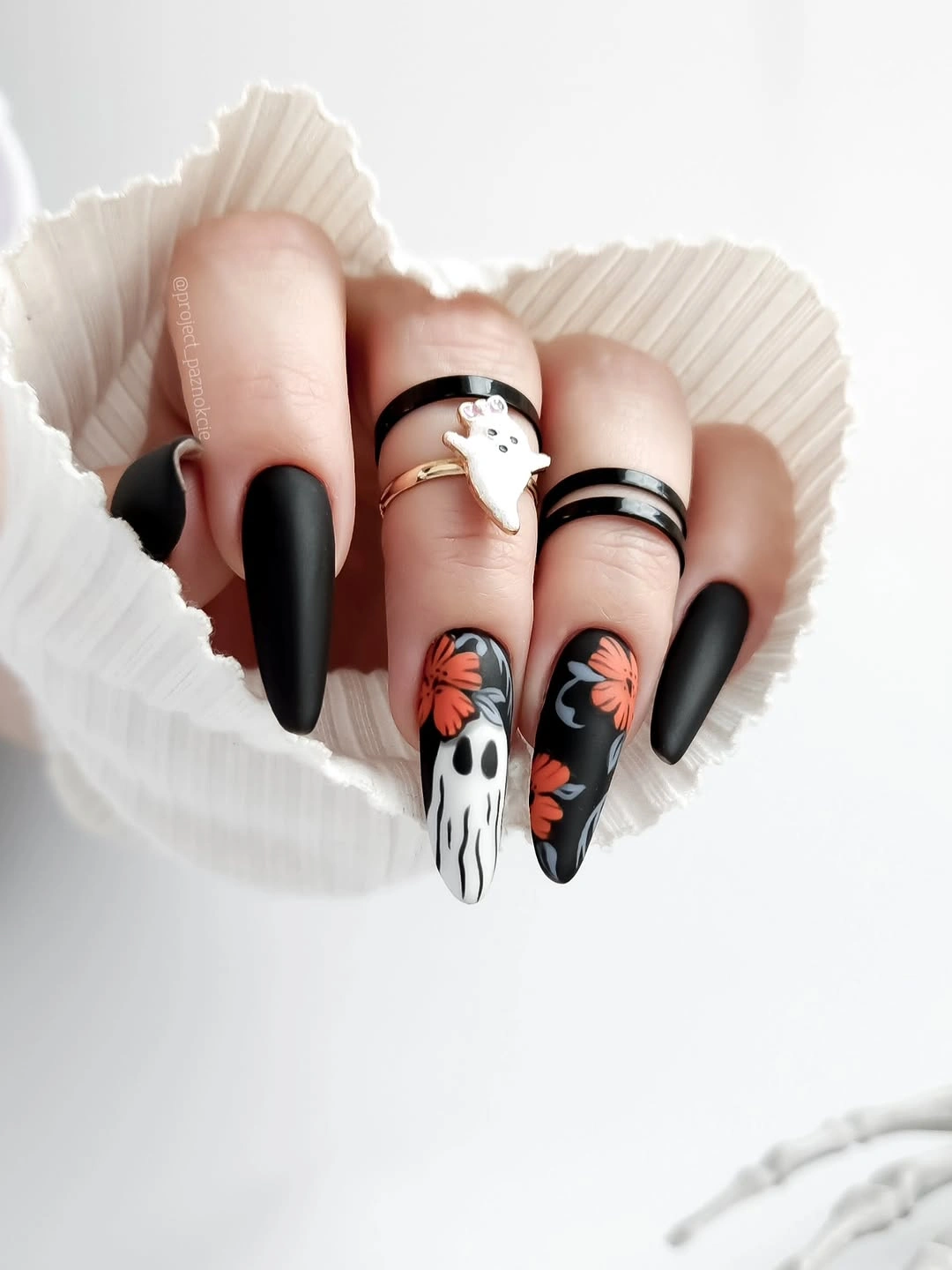 Long black nude Halloween nails with ghosts and orange details