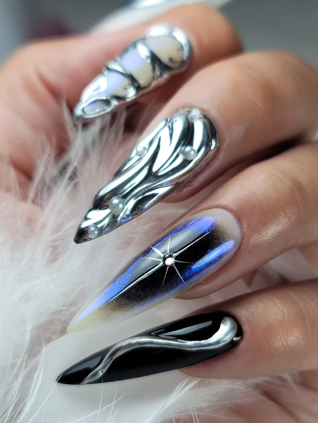 Long chrome silver black and blue violet pointed nails