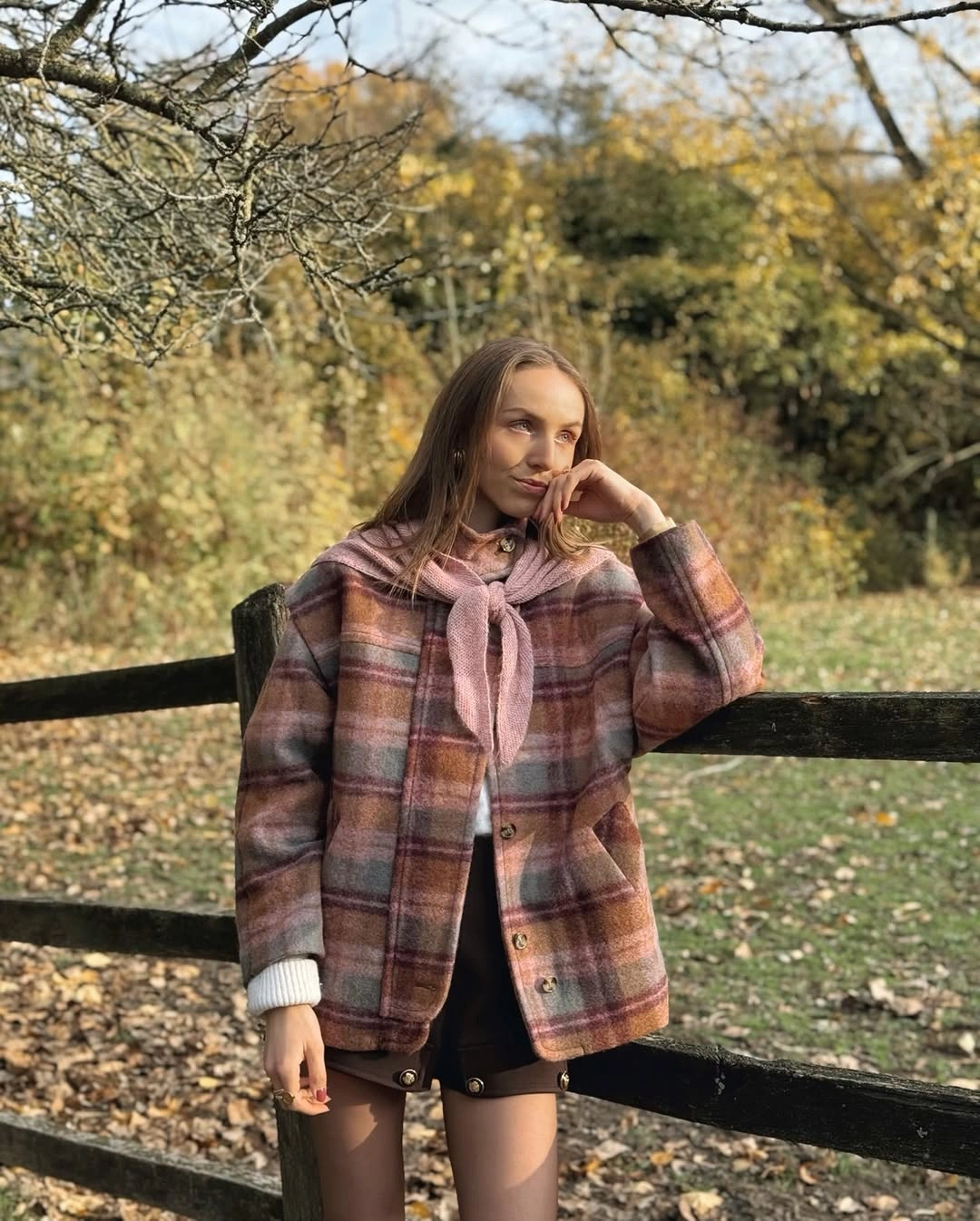 Warm plaid overshirt pale collar and dark trousers outfit