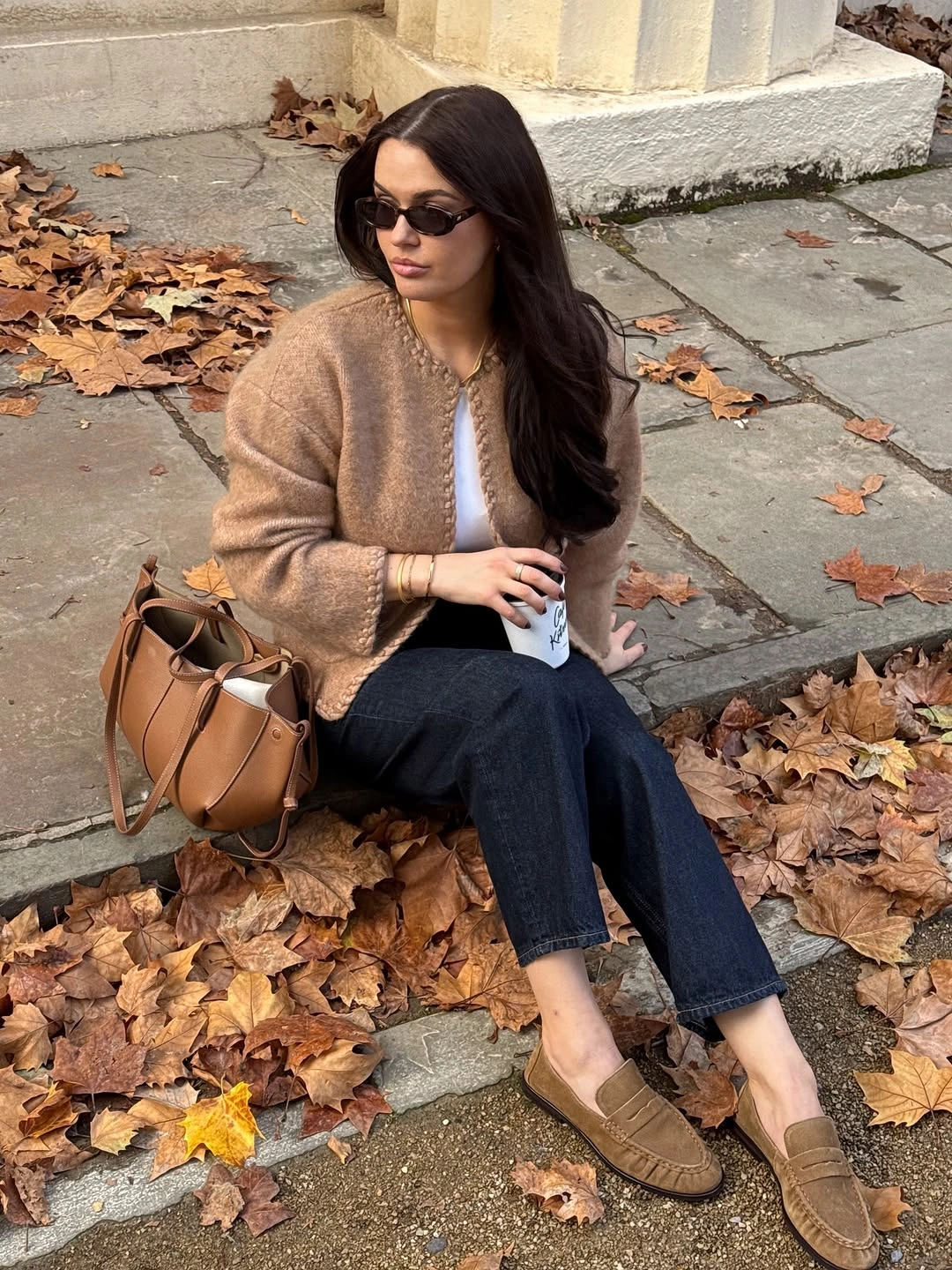 Taupe cardigan white top dark jeans brown loafers and tote