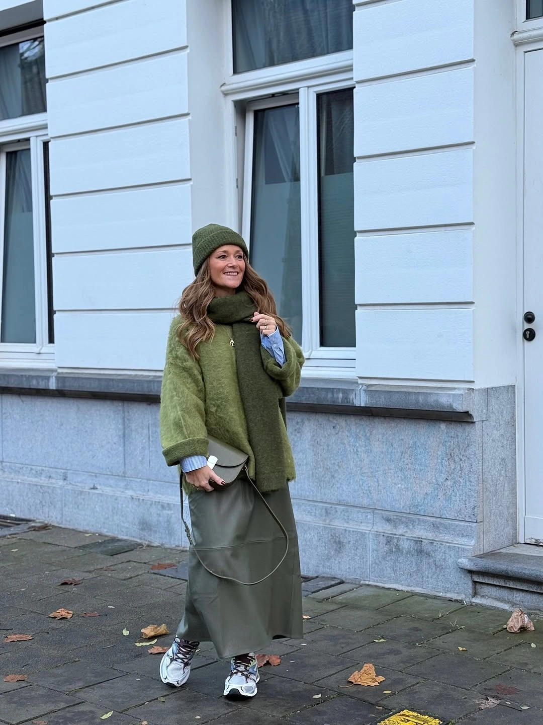 Olive knit layers with matching beanie and long skirt