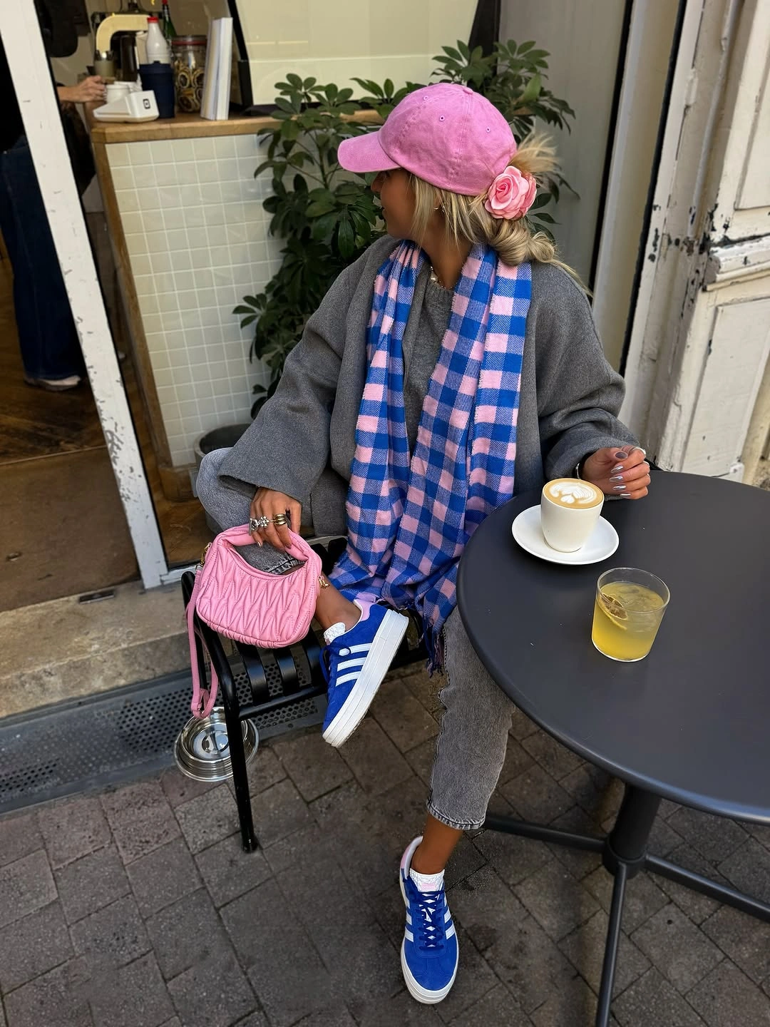 Gray layers with blue pink plaid scarf and bright accessories