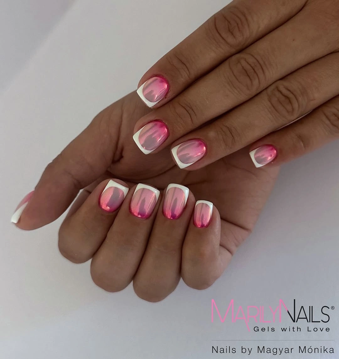 Short square nails with pink aura centers and white tips