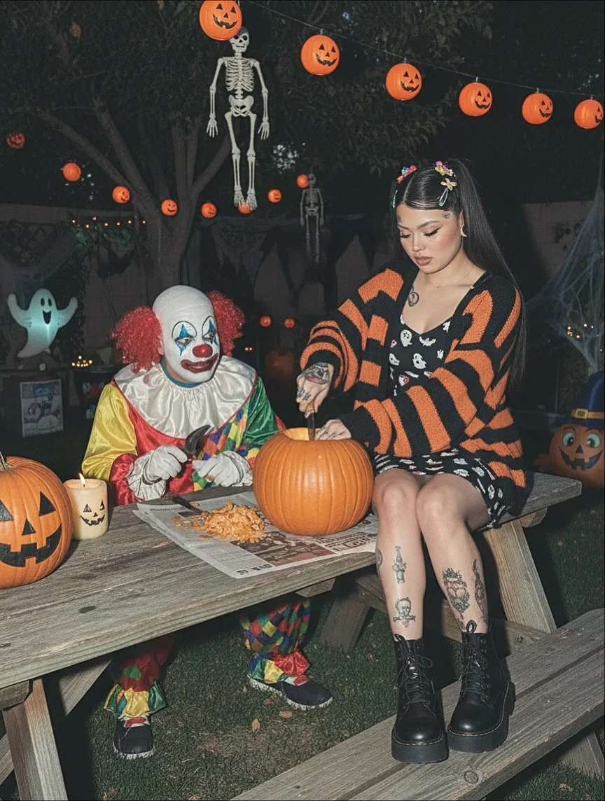 Pennywise from It costume with red balloon beside Halloween companion outfit