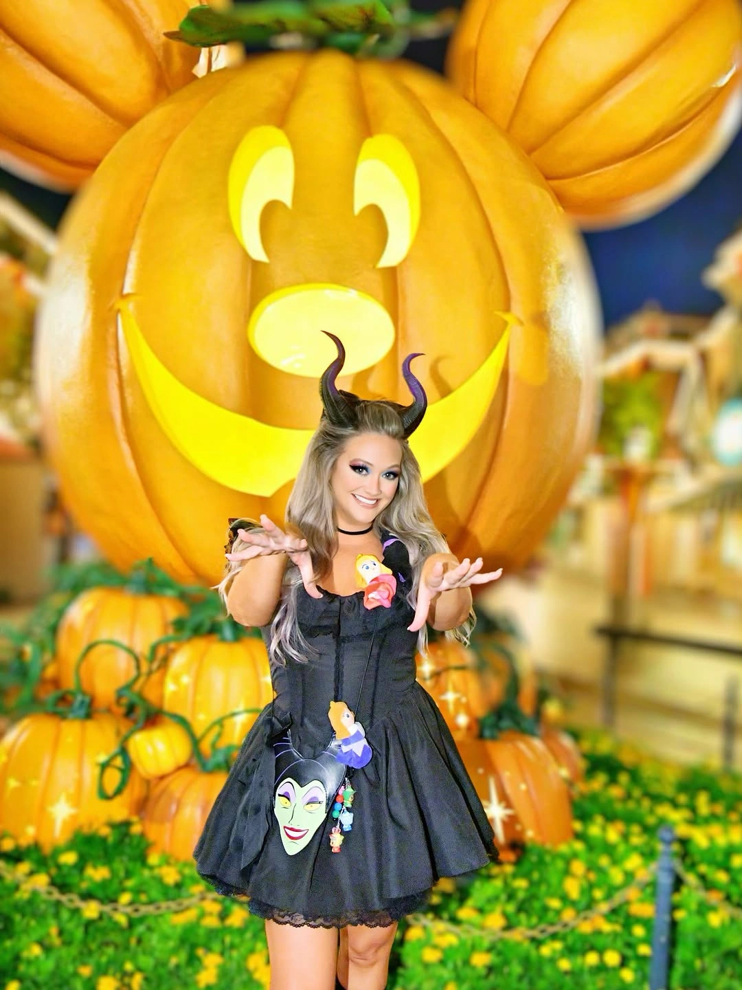 Disney Villains black Halloween dress with character print, ears, and dark tights