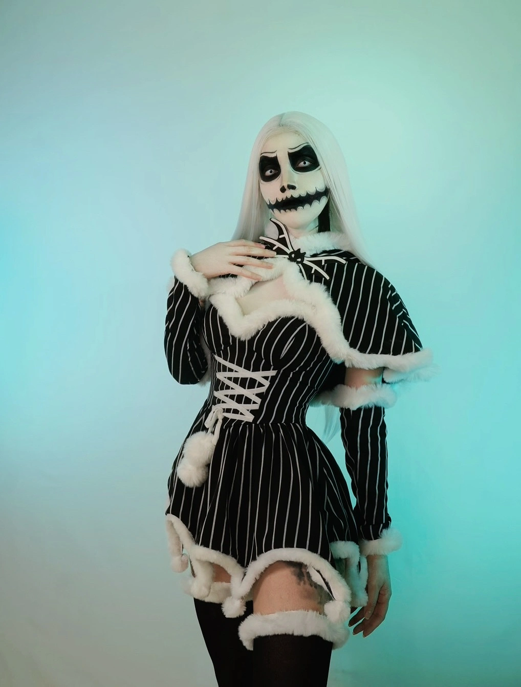 Jack Skellington pinstripe corset dress costume with skeletal makeup and white hair