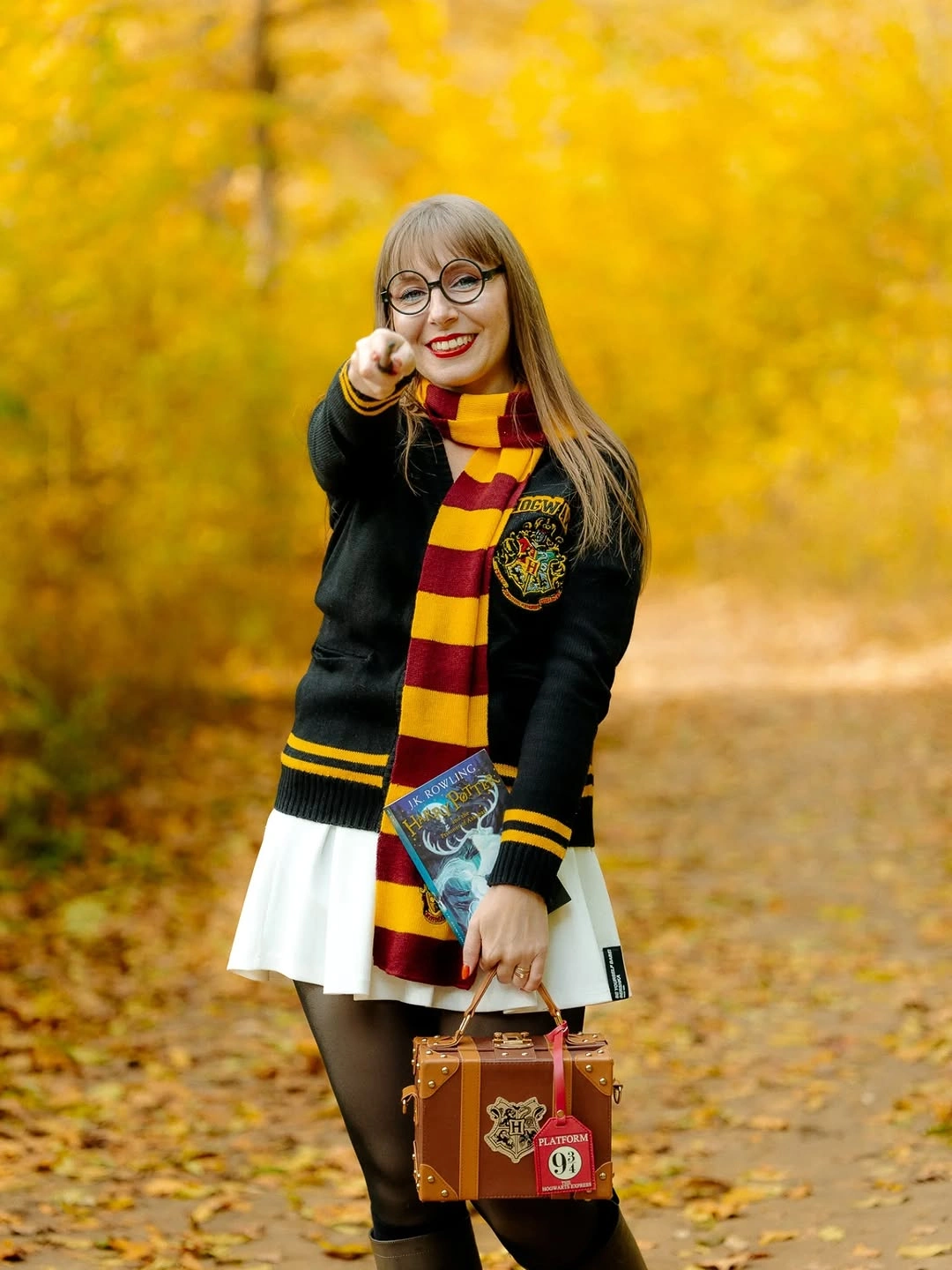Hermione Granger Gryffindor costume with red-and-gold scarf and school skirt
