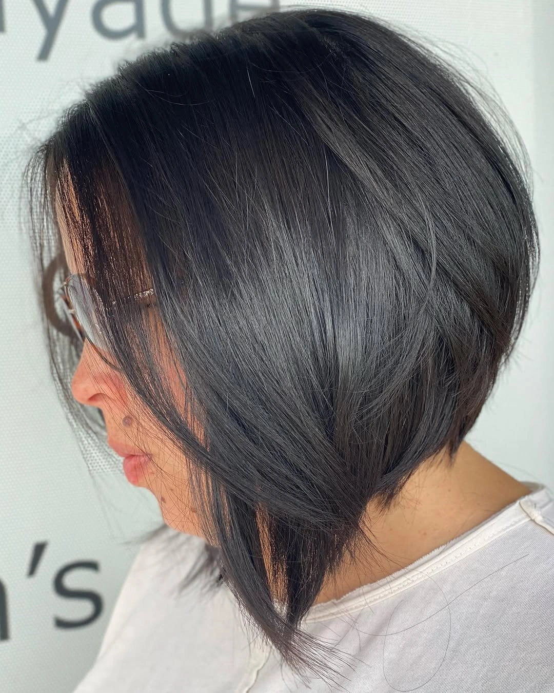 Charcoal textured A-line bob with long wispy front pieces