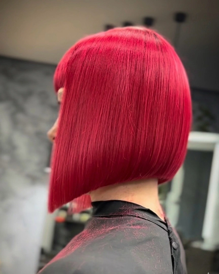 Vivid red blunt A-line bob with rounded back
