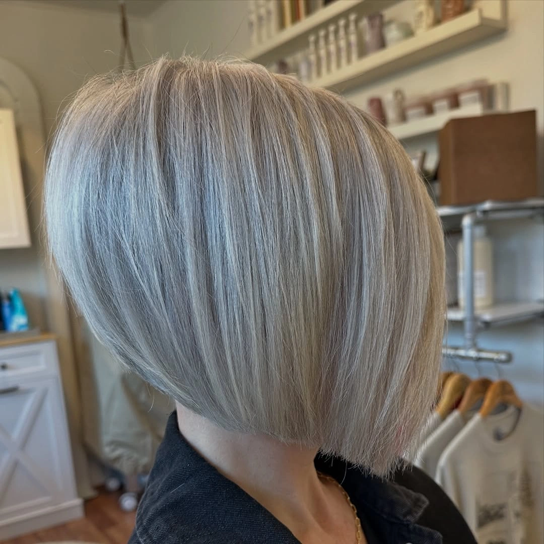 Pale blonde A-line bob with rounded back and smooth highlights