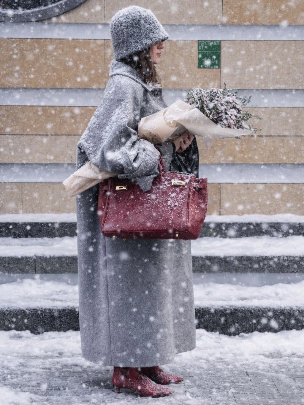 Long gray coat with red handbag and red ankle footwear