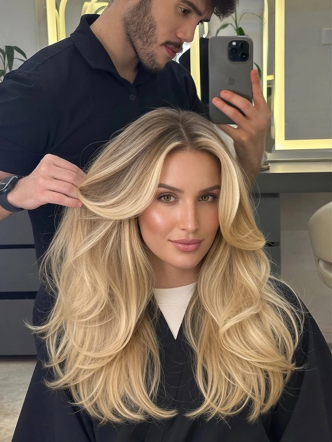 Long layered blonde hair with darker root depth